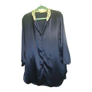 Vintage 80's Victoria's Secret Satin Night Shirt Gold Label Blue Lace Collar M/L